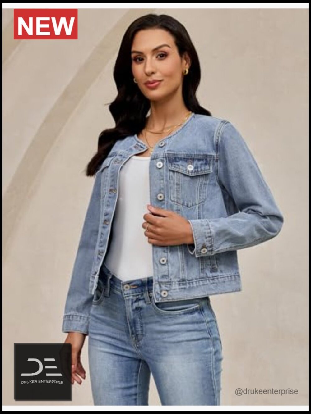 Collarless Button Down Long Sleeve Casual Western Denim Jacket Country Concert - Picture 3 of 7